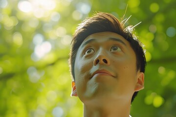Close-Up Portrait of a Young Asian Man Contemplating Nature in a Forest. Generative AI.