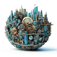 A city built inside a giant mechanical clock, with gears that drive every aspect of life, isolated on a white background