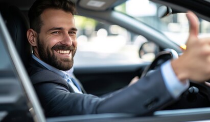Side view of businessman in suit driving expensice car, smiling happily and showing thumb up, closeup. Young man entrepreneur going home by car after successful business meeting.