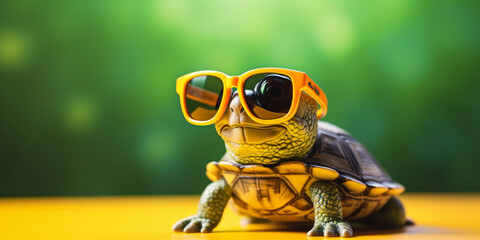 Obraz premium A cute little green turtle with glasses, A turtle wearing glasses and a pair of glasses is standing on a table, 