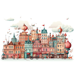 A city where all the buildings are giant music boxes, with melodies played by illustrations of automatons. isolated on white background