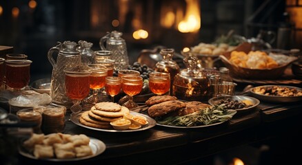 Fototapeta na wymiar Abundant Spread of Food and Drinks on a Table