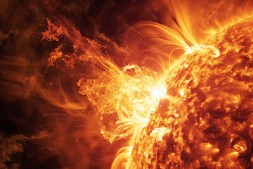Massive solar flare outburst, activity of the Sun against the dark space. Catastrophic release of energy that affects communications at the Earth and is dangerous to humans. - obrazy, fototapety, plakaty
