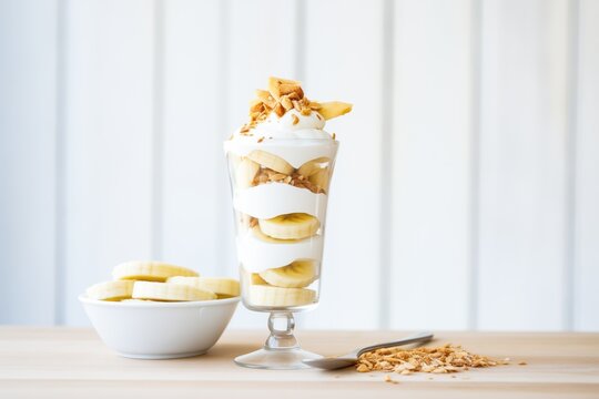 greek yogurt parfait with sliced bananas and a dollop of peanut butter