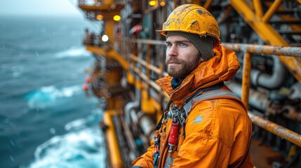 Resilient Offshore Oil Rig Worker Supervising Intense Drilling Operations in the Midst of Turbulent Seas, Underscoring the Hazards of Offshore Oil Extraction