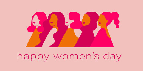 Women's Day banner with silhouettes of girls in pink colors with greeting text. 8 march horizontal poster for Empowerment of females, friendship and supporting. Vector illustration