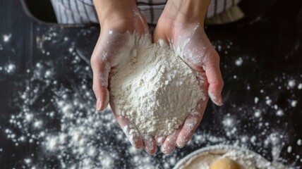Baker's hands with flour. White flour on the background of the kitchen table. Baking powder.