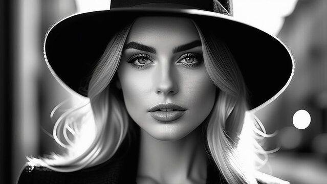 Black and white portrait of a girl in a hat.