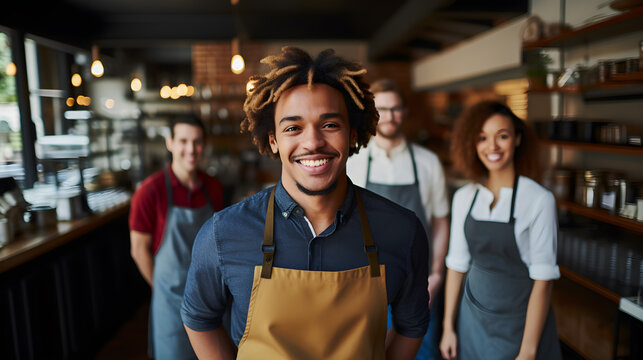 Young barista, coffee shop owner and his co-workers.