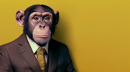 a beautiful apes wearing a suit with a tie on a plain yellow background on the left side of the image and the right side blank for text, portrait of a businessman apes