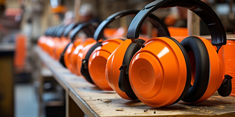 Close up of orange earmuffs on table in workshop safety construction concept, Protective Equipment: Orange Earmuffs on Table in Construction Context - obrazy, fototapety, plakaty