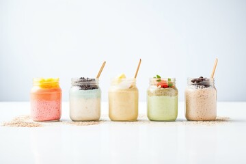 row of jars with various overnight oats flavors against a light background - obrazy, fototapety, plakaty