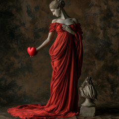 aphrodite goddess of love, statue, dressed in red long silk dress,