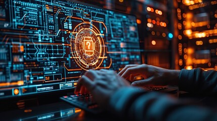 This image shows hands typing on a keyboard with a futuristic cybersecurity interface on the monitor, representing the high-tech nature of modern digital security.