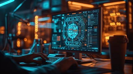 This image shows hands typing on a keyboard with a futuristic cybersecurity interface on the monitor, representing the high-tech nature of modern digital security. - obrazy, fototapety, plakaty