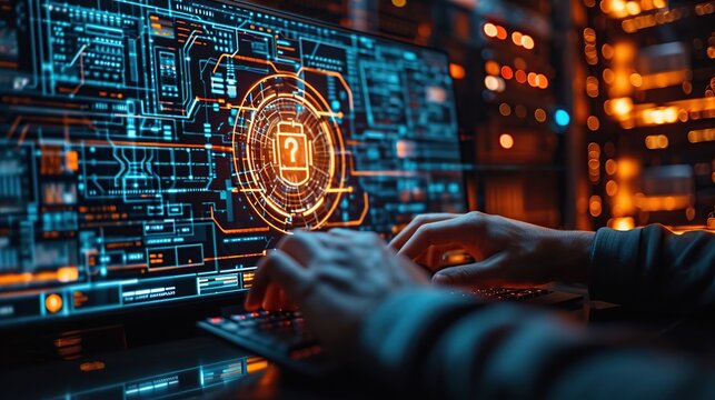 This image shows hands typing on a keyboard with a futuristic cybersecurity interface on the monitor, representing the high-tech nature of modern digital security.