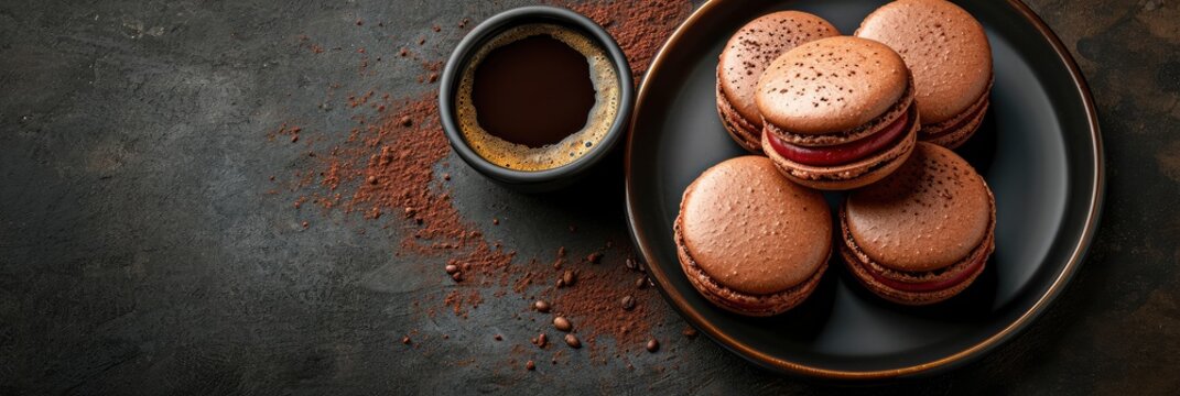  Top View Appetizing Macarons Black Coffee, Banner Image For Website, Background, Desktop Wallpaper