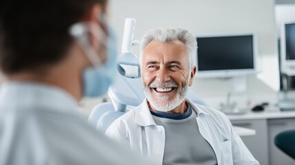 An uplifting image featuring a senior male patient smiling at a healthcare professional, conveying trust and positivity in a medical setting. - obrazy, fototapety, plakaty