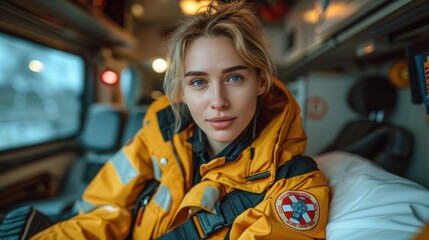 Courageous Emergency Medical Technician (EMT) Delivering Vital Care Inside an Ambulance During a Rapid Response Situation