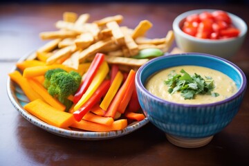 vegan queso dip with veggie sticks and gluten-free chips