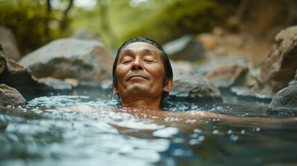 Portrait of an Elder Asian Man Relaxing in Hot Springs. Generative AI.