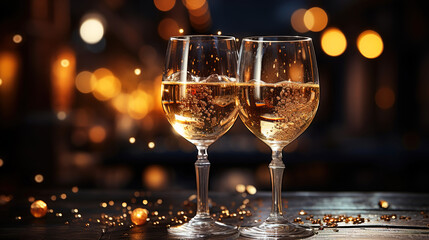 Alcoholic Fill the Glasses at the Nightclub Party With Gold Glowing Blur Background