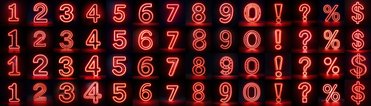 Red glowing neon numbers and special characters. Set against a black background. 4 options per character