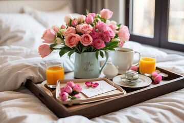 A breakfast-in-bed setup with a tray adorned with flowers and a handwritten card, a perfect surprise for Mother's Day
