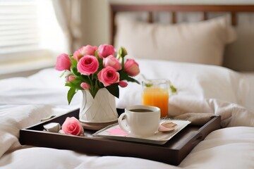 Fototapeta na wymiar A breakfast-in-bed setup with a tray adorned with flowers and a handwritten card, a perfect surprise for Mother's Day