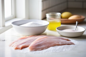 raw sole fillets beside bowl of flour, ready for coating - obrazy, fototapety, plakaty