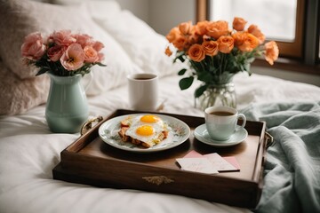 Fototapeta na wymiar A breakfast-in-bed setup with a tray adorned with flowers and a handwritten card, a perfect surprise for Mother's Day