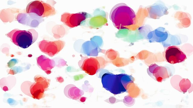 Watercolor multicolor blots background. Time lapse animation of the process of painting colored watercolor paint on a white background