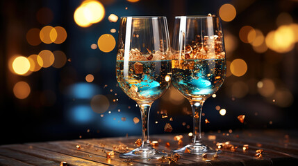 Alcoholic Fill the Glasses at the Nightclub Party With Gold Glowing Blur Background