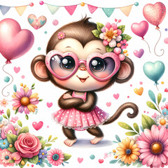 Cute monkey in dress and sunglasses heart, flowers, balloons, children's digital illustration