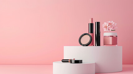 Make up products presented on white podiums