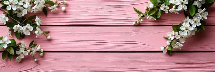 Fototapeta na wymiar White Flowers On Pink Wooden Background, Banner Image For Website, Background, Desktop Wallpaper