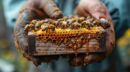 Harmonious Beekeeping: Meticulously Collecting Honey, a Testament to Sustainable Apiculture Practices - obrazy, fototapety, plakaty