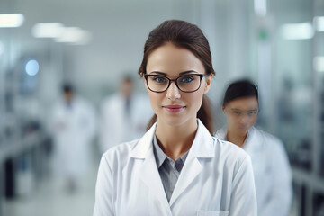 A beautiful young woman scientist wearing white coat and glasses in modern Medical Science Laboratory with Team of Specialists on background.