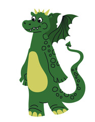Cute dragon with small wings. Fairytale character in doodle style.
