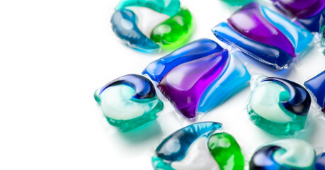 Washing capsules, colorful laundry pods border design. Colorful Soluble capsules with laundry gel detergent and dishwasher soap. Pile of washing pod capsules isolated. Detergent tablets 