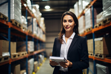 A confident businesswoman standing with clipboard in distribution warehouse.