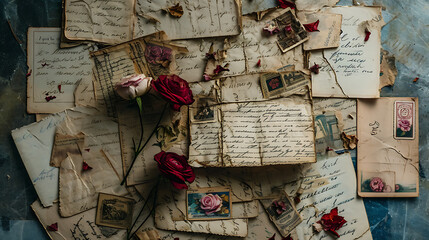 A composition of aged love letters, dried flowers, and vintage postcards, evoking a sense of timeless romance.