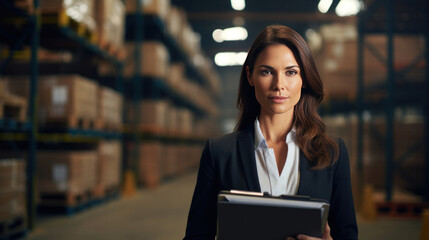 Fototapeta premium A confident businesswoman standing with clipboard in distribution warehouse.