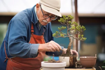 Schilderijen op glas bonsai practitioner transferring a tree to a new pot © primopiano
