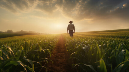 Fototapeta premium A farmer walking through corn field at dawn, grain silo in the distance, Agriculture concept.