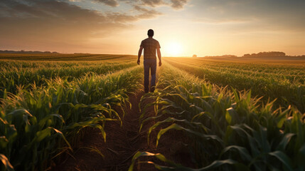 Fototapeta premium A farmer walking through corn field at dawn, grain silo in the distance, Agriculture concept.