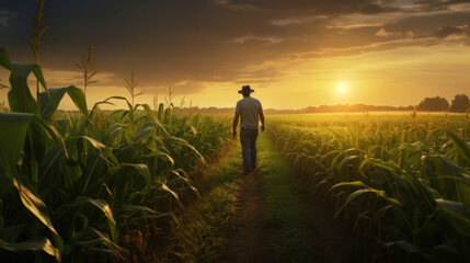 Fototapeta premium A farmer walking through corn field at dawn, grain silo in the distance, Agriculture concept.