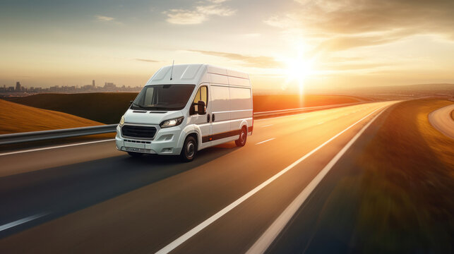 A delivery white van or truck running to the highway.