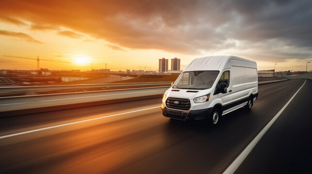 A delivery white van or truck running to the highway.