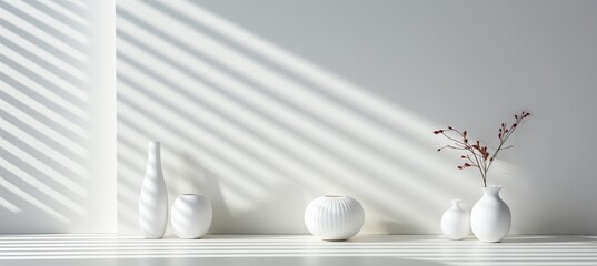 Three White Vases Lined Up Against White Wall